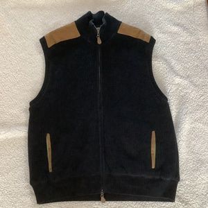 Orvis Knit Sweater Vest Black Full Zip Faux Suede Trim Men’s Large